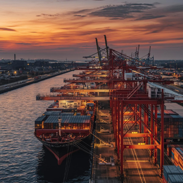 Container terminal at sunset with gantry cranes